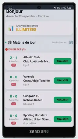 Écran d'accueil de Football Analyst AI — liste des matchs du jour