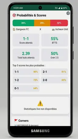 Écran des probabilités 1X2, Over/Under et BTTS
